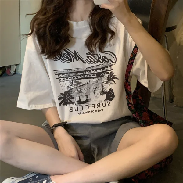 Summer Casual White Printing Loose T-Shirts 2021 Cotton Scoop Neck Short Sleeve Women's Tops T-shirt