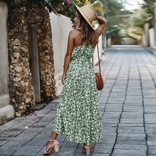 Bohemia Summer Beach Street Wear Black White Spotted 2021 A-Line / Princess Halter Sash Bow Sleeveless Tea-length Maxi Dresses Women Maxi Dresses Dresses