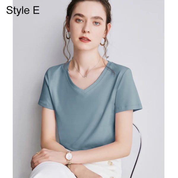 Modest / Simple Summer Casual OL White Regular T-Shirts 2021 Cotton V-Neck Short Sleeve Women's Tops T-shirt