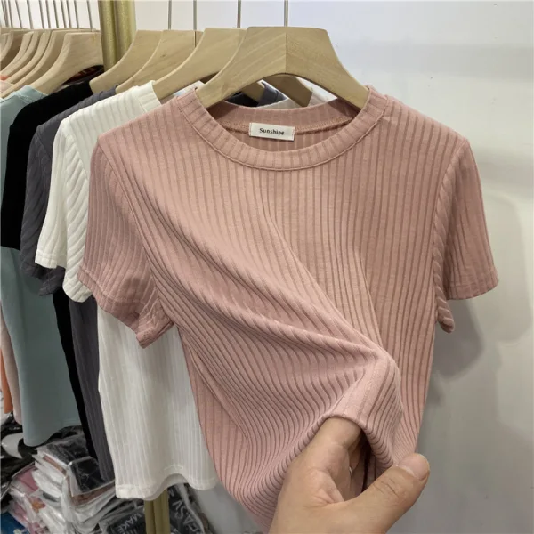 Summer Casual Grey Stripe Loose T-Shirts 2021 Scoop Neck Short Sleeve Women's Tops T-shirt