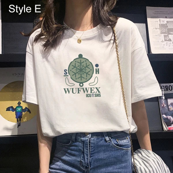 Désinvolte Vêtement de rue Blanche Dessin animé Impression Ample T-Shirts 2021 Coton Encolure Dégagée Manches Courtes Hauts pour Femmes T-shirt