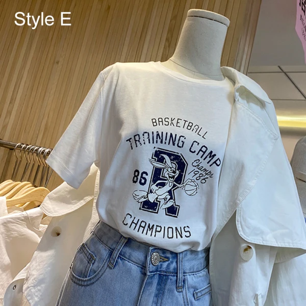 Fashion White Cotton Street Wear Cartoon Printing Loose T-Shirts 2021 Scoop Neck Short Sleeve Women's Tops T-shirt