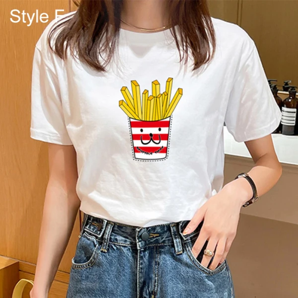 Casual Summer White Loose Cartoon Printing T-Shirts 2021 Cotton Scoop Neck Short Sleeve Women's Tops T-shirt