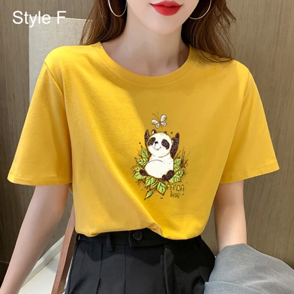 Casual Summer Yellow Loose Cartoon Printing T-Shirts 2021 Cotton Scoop Neck Short Sleeve Women's Tops T-shirt