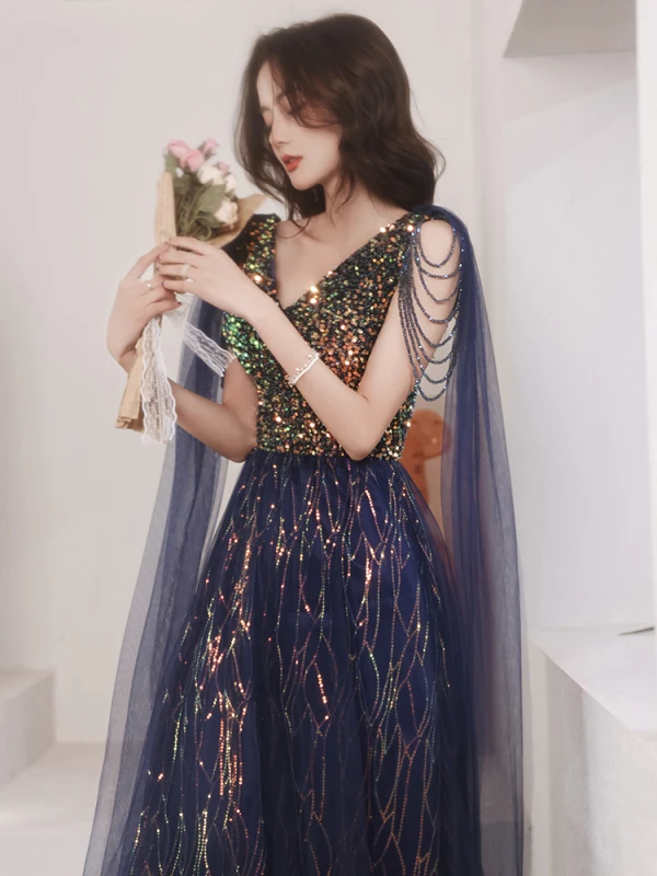 Scintillantes Bleu Marine Robe De Soirée 2021 Princesse V-Cou Perlage Cristal Paillettes Gland Sans Manches Dos Nu Longue Soirée Robe De Ceremonie