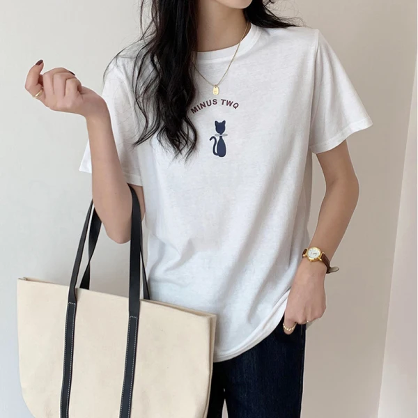 Fashion Summer Street Wear Cotton Cartoon Printing Black T-Shirts 2021 Loose Scoop Neck Short Sleeve Women's Tops T-shirt