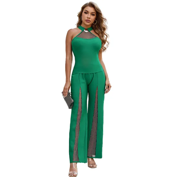 Fashion Green See-through Street Wear Tight  Jumpsuit 2021 Halter Sleeveless Women Dresses