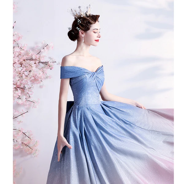 Fashion Gradient-Color Sky Blue Glitter Prom Dresses 2021 A-Line / Princess Off-The-Shoulder Short Sleeve Backless Bow Floor-Length / Long Prom Formal Dresses