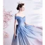 Fashion Gradient-Color Sky Blue Glitter Prom Dresses 2021 A-Line / Princess Off-The-Shoulder Short Sleeve Backless Bow Floor-Length / Long Prom Formal Dresses