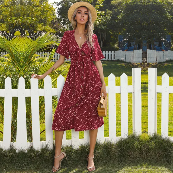 Fashion Burgundy Summer Street Wear Spotted Women Dresses 2021 V-Neck Bow Short Sleeve