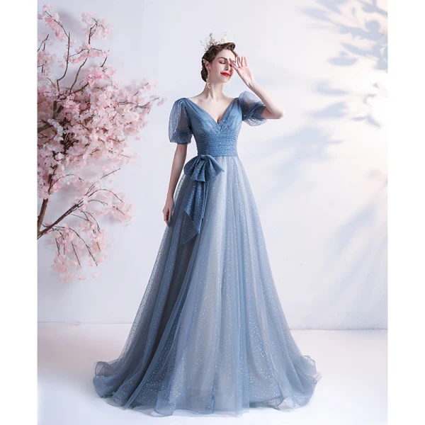 Chic / Belle Bleu Ciel Paillettes Robe De Bal 2021 Princesse V-Cou Manches Courtes Dos Nu Noeud Longue Promo Robe De Ceremonie