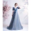Chic / Belle Bleu Ciel Paillettes Robe De Bal 2021 Princesse V-Cou Manches Courtes Dos Nu Noeud Longue Promo Robe De Ceremonie