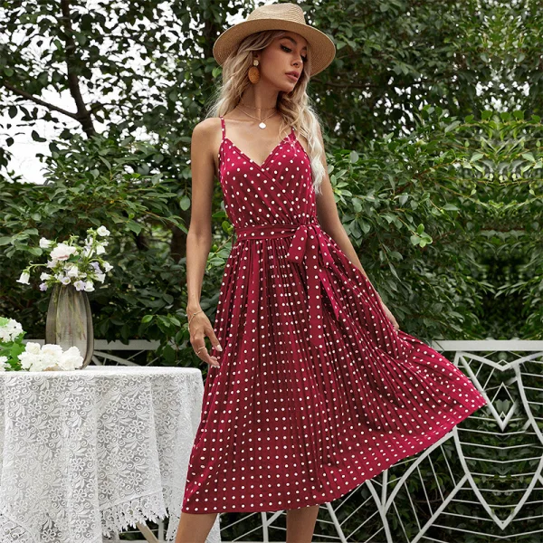 Chic / Beautiful Summer Street Wear Ocean Blue Spotted Maxi Dresses 2021 V-Neck Sleeveless Cami Sash