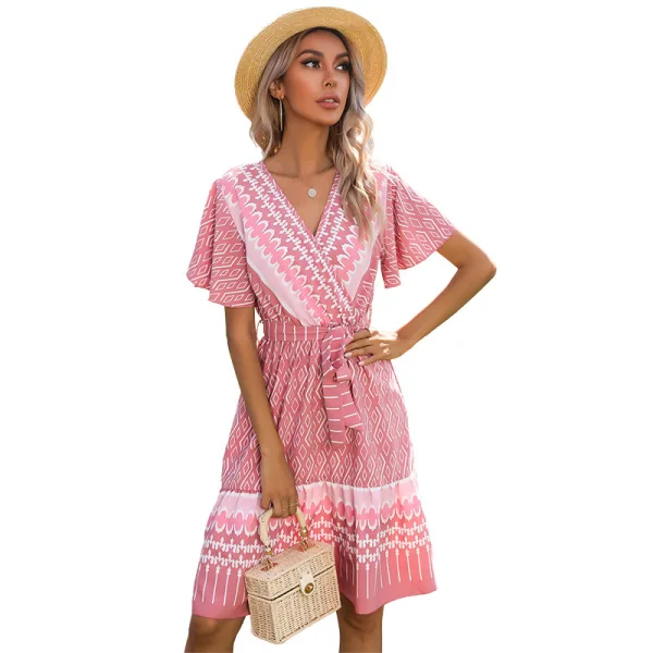 Summer Street Wear Resort Wear Beach Sky Blue Printing Women Dresses 2021 V-Neck Short Sleeve Sash