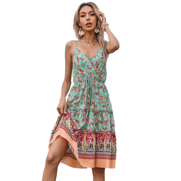 Été Bleu Marine Vêtements de vacances Vêtement de rue Plage Floral Femme Robes 2021 Chiffon Bretelles Spaghetti Manches Longues Dos Nu
