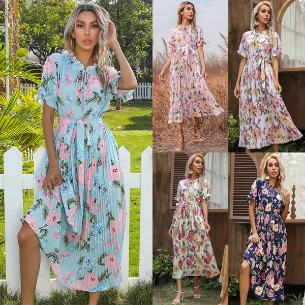 Summer Blushing Pink Street Wear Printing Maxi Dresses 2021 Scoop Neck Bow Sash Short Sleeve Tea-length Women Dresses