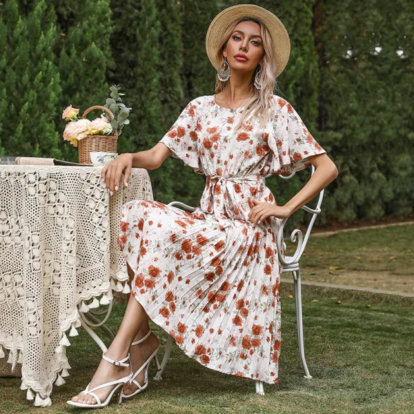 Summer Street Wear Floral Pool Blue Women Dresses 2021 Scoop Neck Short Sleeve Sash Tea-length