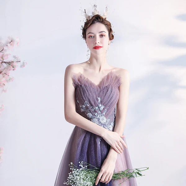 Fashion Lavender Prom Dresses 2021 A-Line / Princess Strapless Beading Pearl Sequins Lace Flower Sleeveless Backless Floor-Length / Long Formal Dresses