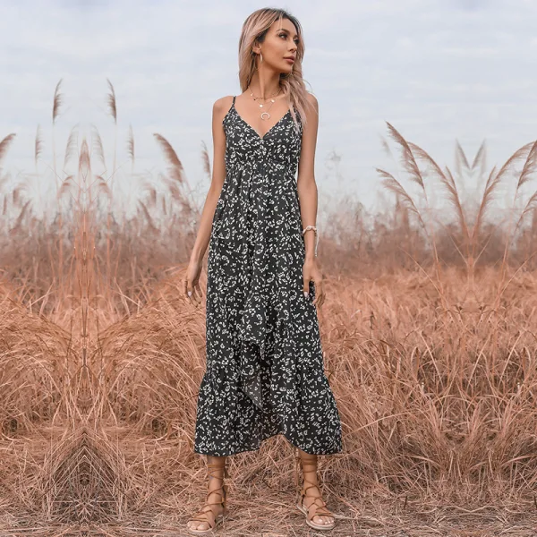 Été Vêtement de rue Floral Noire Robes longues 2021 Bretelles Spaghetti Chiffon Sans Manches Thé Longueur Femme Robes