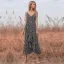 Été Vêtement de rue Floral Noire Robes longues 2021 Bretelles Spaghetti Chiffon Sans Manches Thé Longueur Femme Robes