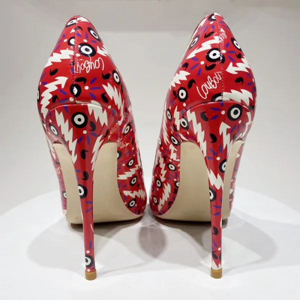 Mode Röd Klotter Utskrift Fest Pumps 2021 12 cm Stilettklackar Spetsiga Pumps Högklackade
