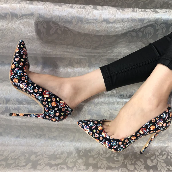 Mode Svarta Fest Utskrift Pumps 2021 12 cm Stilettklackar Spetsiga Pumps Högklackade