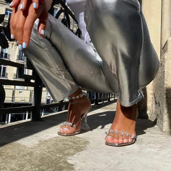 Sexy Transparent Silver Crystal Womens Sandals 2021 Rave Club Cocktail Party Evening Party 9 cm Stiletto Heels Open / Peep Toe Womens Shoes High Heels