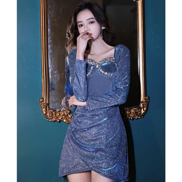 Sexy Meeresblau Strass Pailletten Kurze Abendkleider 2021 A Linie Eckiger Ausschnitt Lange Ärmel Rückenfreies Abend Festliche Kleider