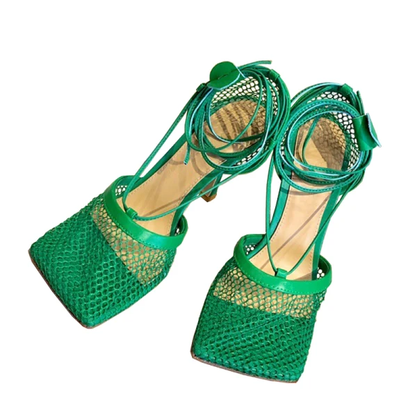 Fashion Summer Green Street Wear Womens Sandals 2021 Pierced Ankle Strap Square Toe 8 cm Stiletto Heels Sandals High Heels