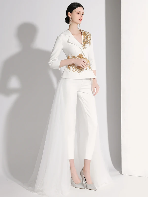 Mode Ivory / Creme Pailletten Abend Overall 2021 V-Ausschnitt 3/4 Ärmel Rückenfreies Lange Abendkleider