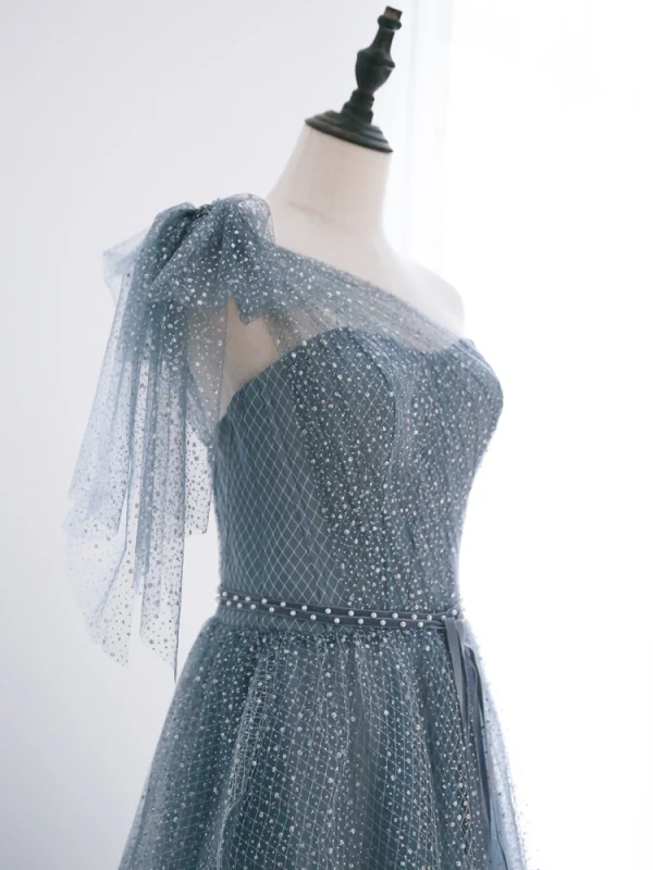 Bling Bling Mode Bleu Ciel Glitter Robe De Bal 2021 Princesse Une épaule Perle Paillettes Ceinture Manches Courtes Dos Nu Longue Promo Robe De Ceremonie