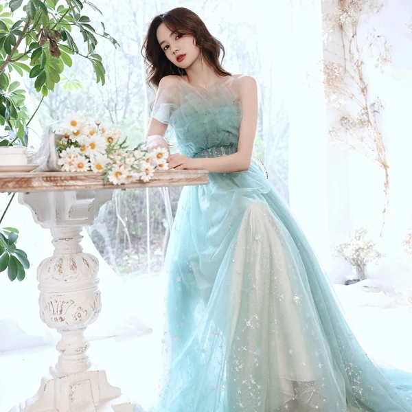 Elegant Mint Green Glitter Prom Dresses 2021 A-Line / Princess Strapless Beading Lace Sleeveless Backless Floor-Length / Long Prom Formal Dresses