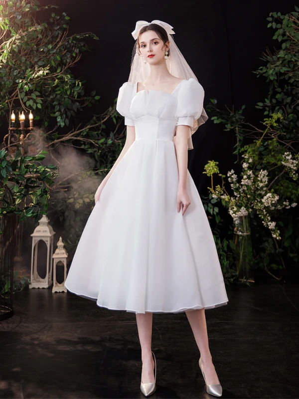 Vintage Schlicht Ivory / Creme Satin Brautkleider / Hochzeitskleider 2021 A Linie Eckiger Ausschnitt Kurze Ärmel Rückenfreies Schleife Wadenlang Hochzeit