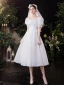 Vintage Schlicht Ivory / Creme Satin Brautkleider / Hochzeitskleider 2021 A Linie Eckiger Ausschnitt Kurze Ärmel Rückenfreies Schleife Wadenlang Hochzeit