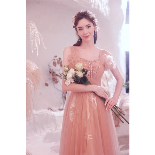 Charming Blushing Pink Pleated Evening Dresses 2021 A-Line / Princess Crossed Straps Pearl Rhinestone Square Neckline Sleeveless Backless Floor-Length / Long Evening Party Formal Dresses