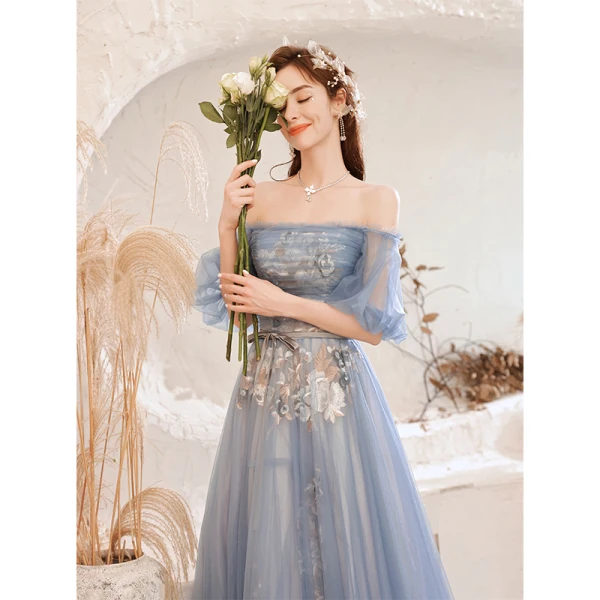 Charmant Bleu Ciel En Dentelle Fleur Robe De Bal 2021 Princesse De l'épaule Ceinture Noeud Manches Courtes Dos Nu Longue Promo Robe De Ceremonie