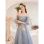 Charmant Bleu Ciel En Dentelle Fleur Robe De Bal 2021 Princesse De l'épaule Ceinture Noeud Manches Courtes Dos Nu Longue Promo Robe De Ceremonie