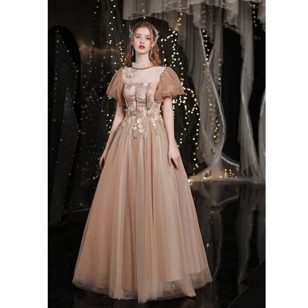 Vintage / Retro Gold Prom Dresses 2021 A-Line / Princess High Neck Beading Appliques Lace Flower Short Sleeve Backless Floor-Length / Long Prom Formal Dresses