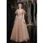 Vintage / Retro Gold Prom Dresses 2021 A-Line / Princess High Neck Beading Appliques Lace Flower Short Sleeve Backless Floor-Length / Long Prom Formal Dresses