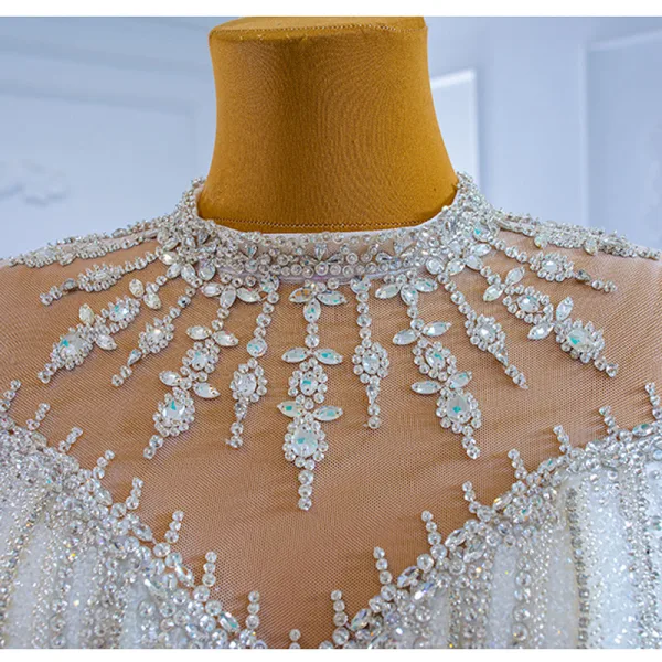 Luxury / Gorgeous High-end Ivory Glitter Beading Crystal Rhinestone Wedding Dresses 2021 Ball Gown High Neck Appliques Sequins 3/4 Sleeve Royal Train