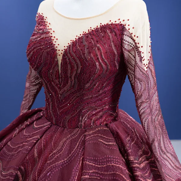 High-end Burgundy Beading Sequins Prom Dresses 2021 Scoop Neck Long Sleeve Court Train Prom Formal Dresses