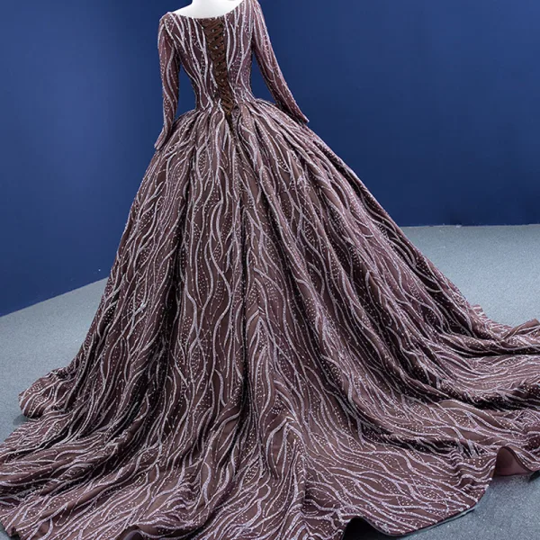 High End Kaffee Glanz Pailletten Ballkleider 2021 Ballkleid Eckiger Ausschnitt Lange Ärmel Hof-Schleppe Ball Festliche Kleider