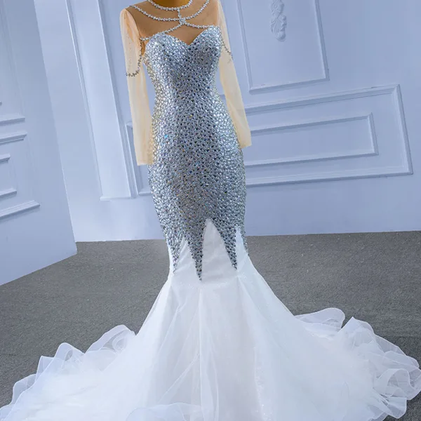 Sparkly Charming Silver Beading Sequins Rhinestone 2021 Trumpet / Mermaid Scoop Neck Long Sleeve Court Train Wedding Dresses