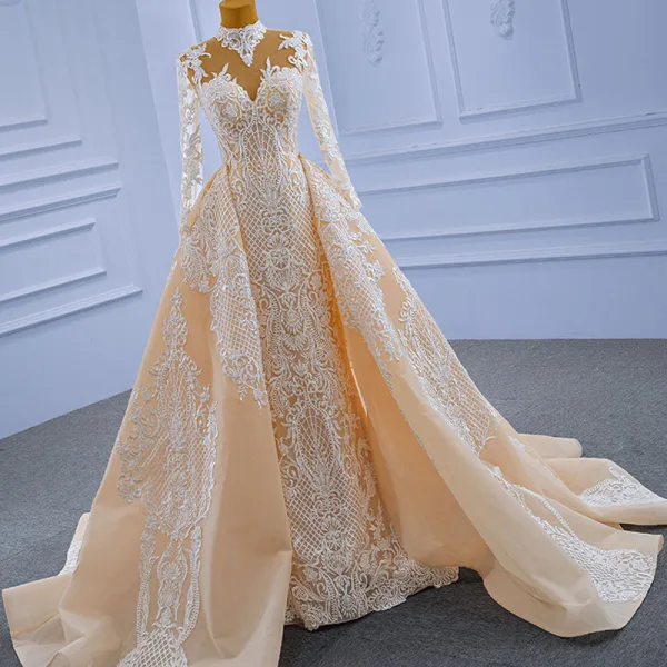 High-end Champagne Pearl Lace Flower Wedding Dresses 2021 Trumpet / Mermaid High Neck Long Sleeve Floor-Length / Long Wedding