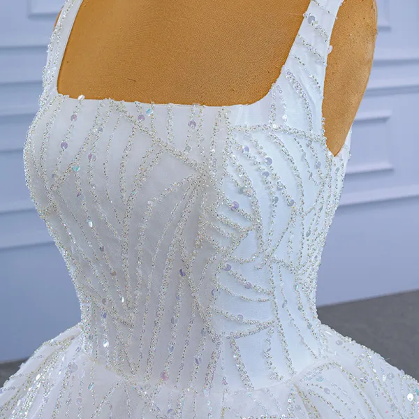 High End Charmant Ivory / Creme Perlenstickerei Strass Pailletten Brautkleider / Hochzeitskleider 2021 Ballkleid Eckiger Ausschnitt Lange Ärmel Rückenfreies Hof-Schleppe Hochzeit