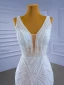 Haut de Gamme Blanche Perlage Perle Paillettes Robe De Mariée 2021 Trompette / Sirène V-Cou Sans Manches Dos Nu Chapel Train Mariage
