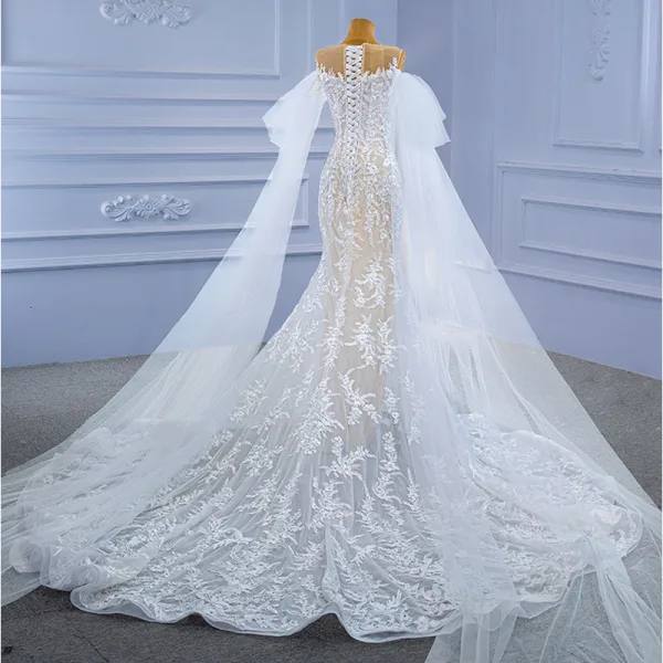 High-end Charming White Watteau Train Wedding Dresses 2021 Trumpet / Mermaid Scoop Neck Beading Pearl Sequins Lace Flower Sleeveless Chapel Train Wedding
