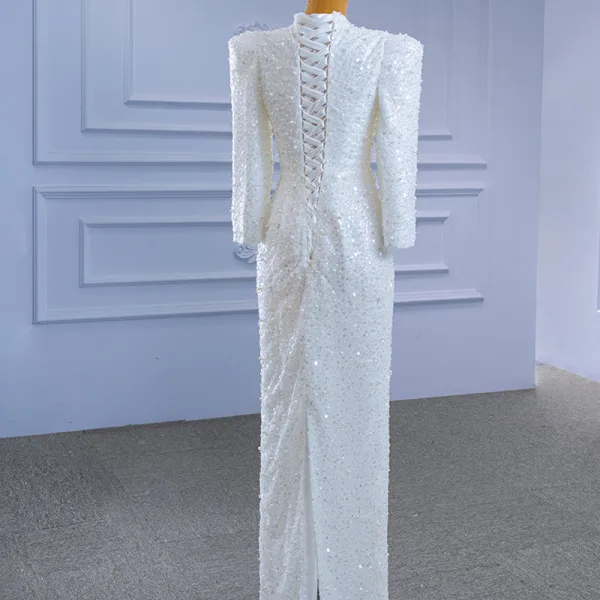High-end Ivory Corset Wedding Dresses 2021 Trumpet / Mermaid High Neck Beading Pearl Sequins 3/4 Sleeve Floor-Length / Long Wedding