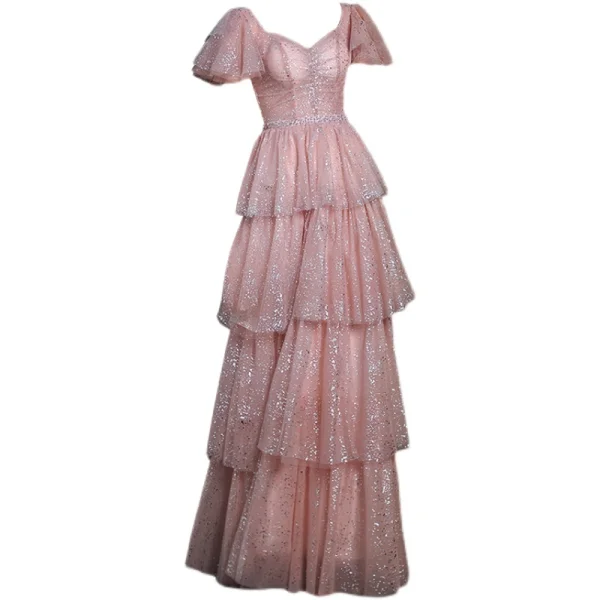 Charmant Rose Sombre Volants Glitter Robe De Bal 2021 Princesse Encolure Carrée Paillettes Manches Courtes Dos Nu Longue Tulle Promo Robe De Ceremonie