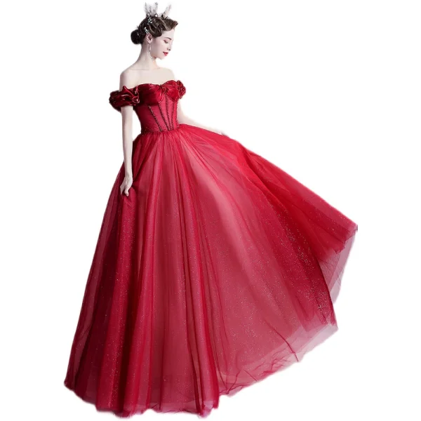 Vintage / Retro Burgundy Prom Dresses 2021 A-Line / Princess Ruffle Off-The-Shoulder Beading Crystal Rhinestone Short Sleeve Backless Floor-Length / Long Prom Formal Dresses